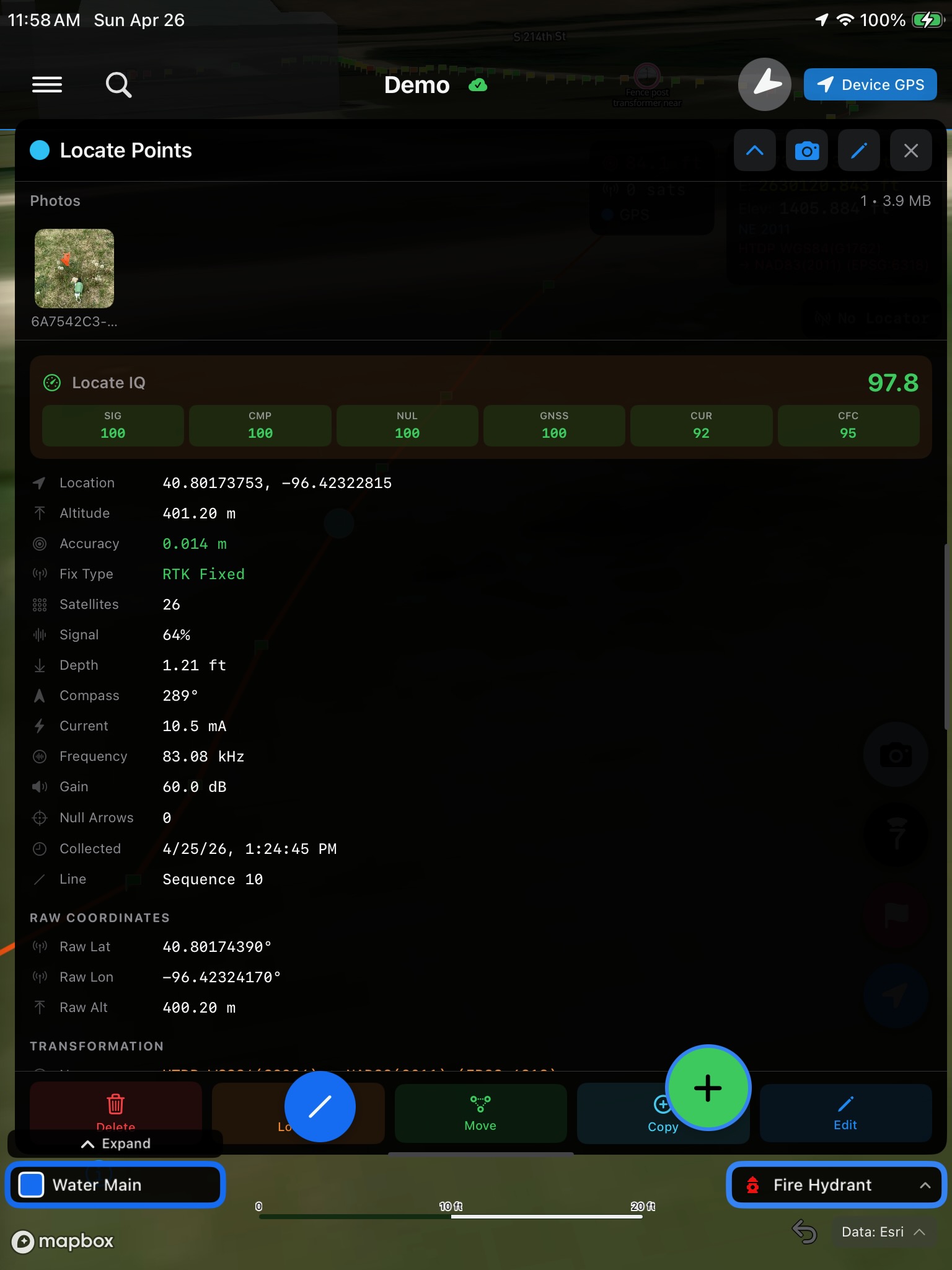 Utility LocateIQ point detail showing Locate IQ 97.8 score, RTK Fixed accuracy 0.014 m, 26 satellites, depth, current, frequency, and transformation metadata
